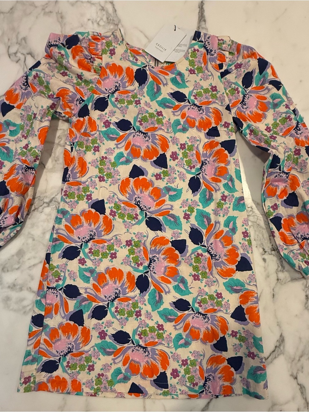 Cecilie Copenhagen Cream Floral Mini Dress with Orange, Teal & Navy Accents